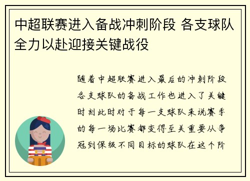 中超联赛进入备战冲刺阶段 各支球队全力以赴迎接关键战役