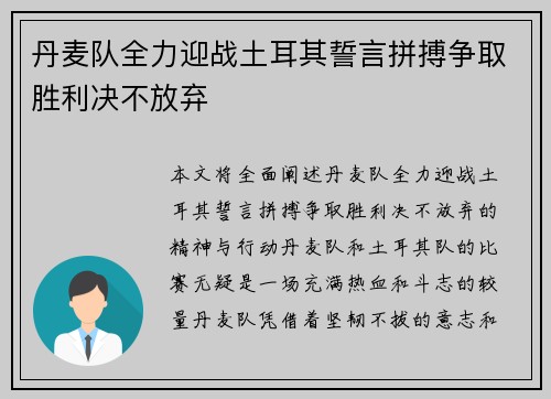 丹麦队全力迎战土耳其誓言拼搏争取胜利决不放弃